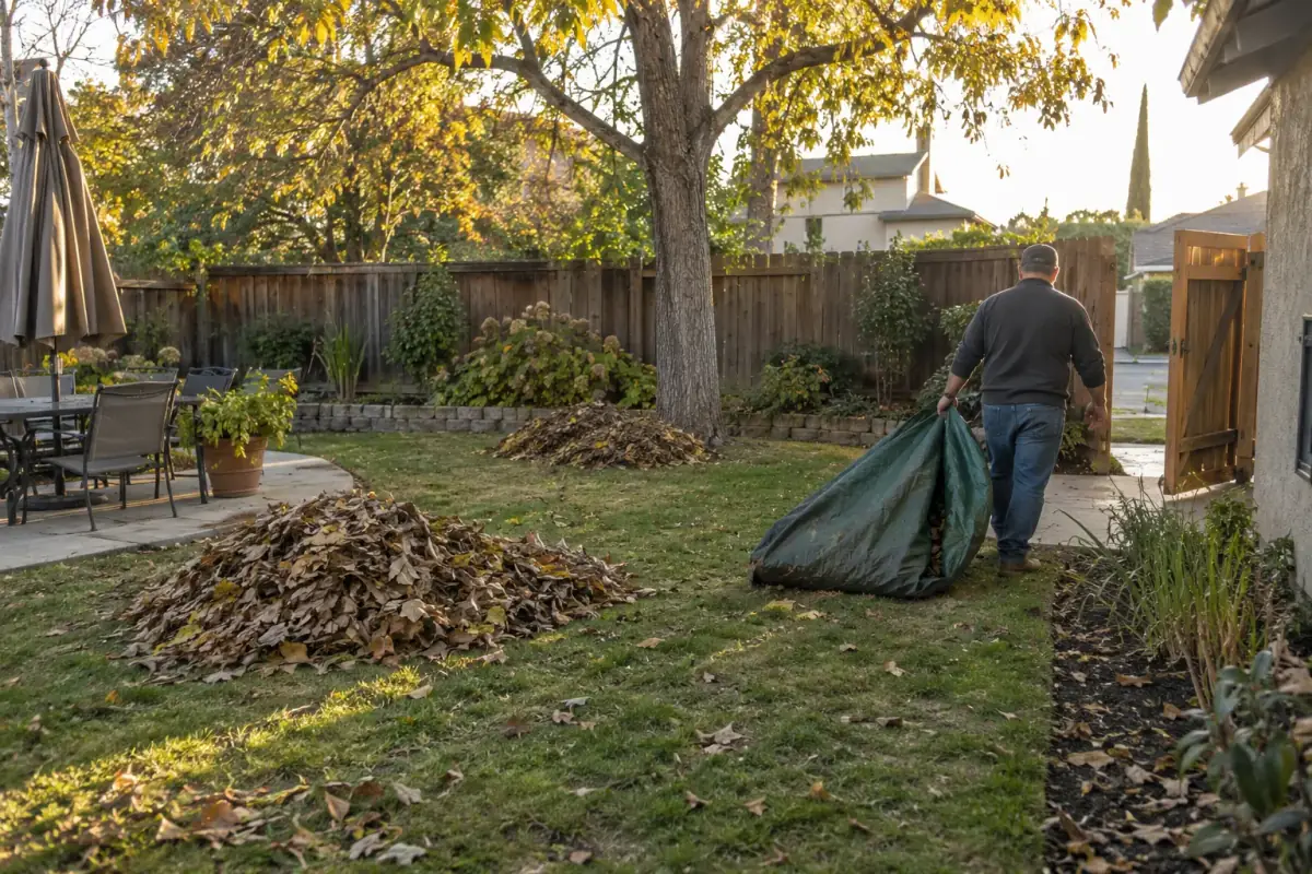 Fall yard cleanup work in a residential backyard