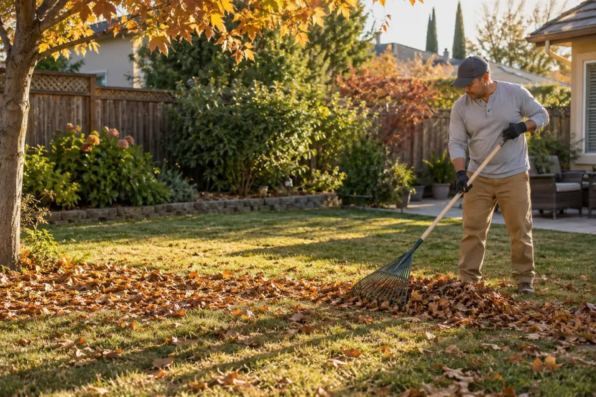 Fall yard cleanup work in a residential backyard