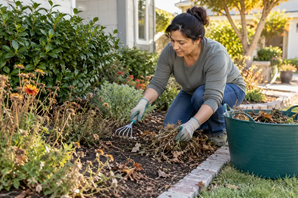Fall yard cleanup work in a residential backyard